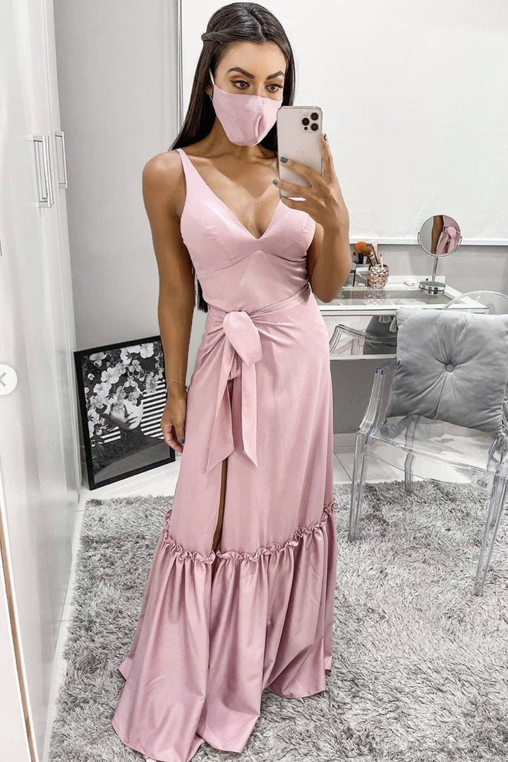 Pink v neck long A line prom dress pink evening dress cg19995