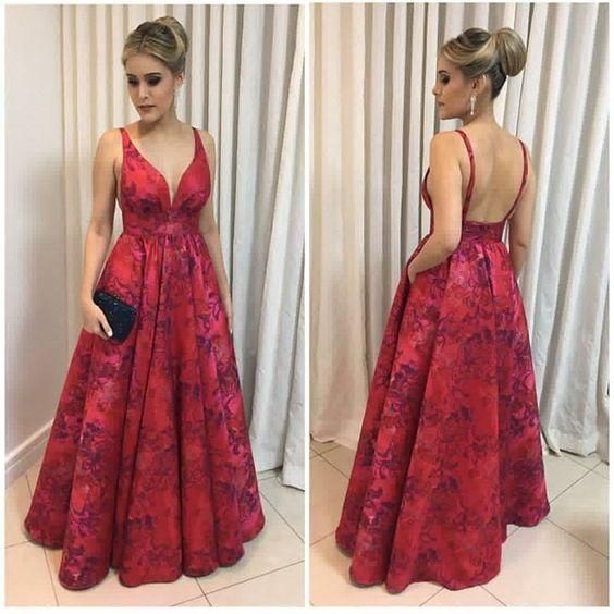 two straps v-neck A-line red flower satin long prom dress cg20031