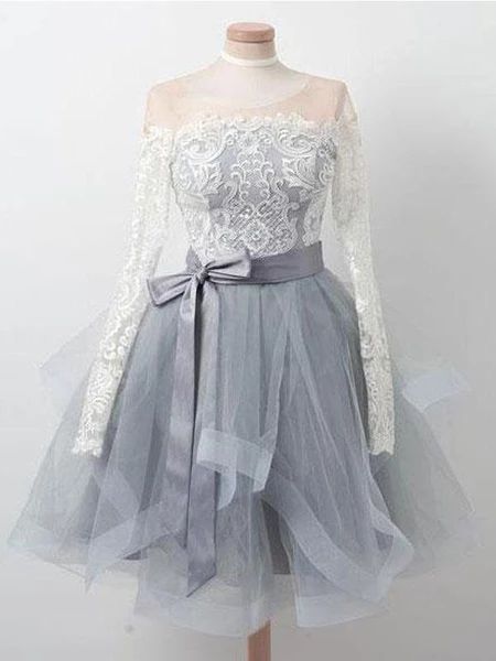 Long Sleeves Lace Grey Short Cheap Homecoming Dresses cg20034