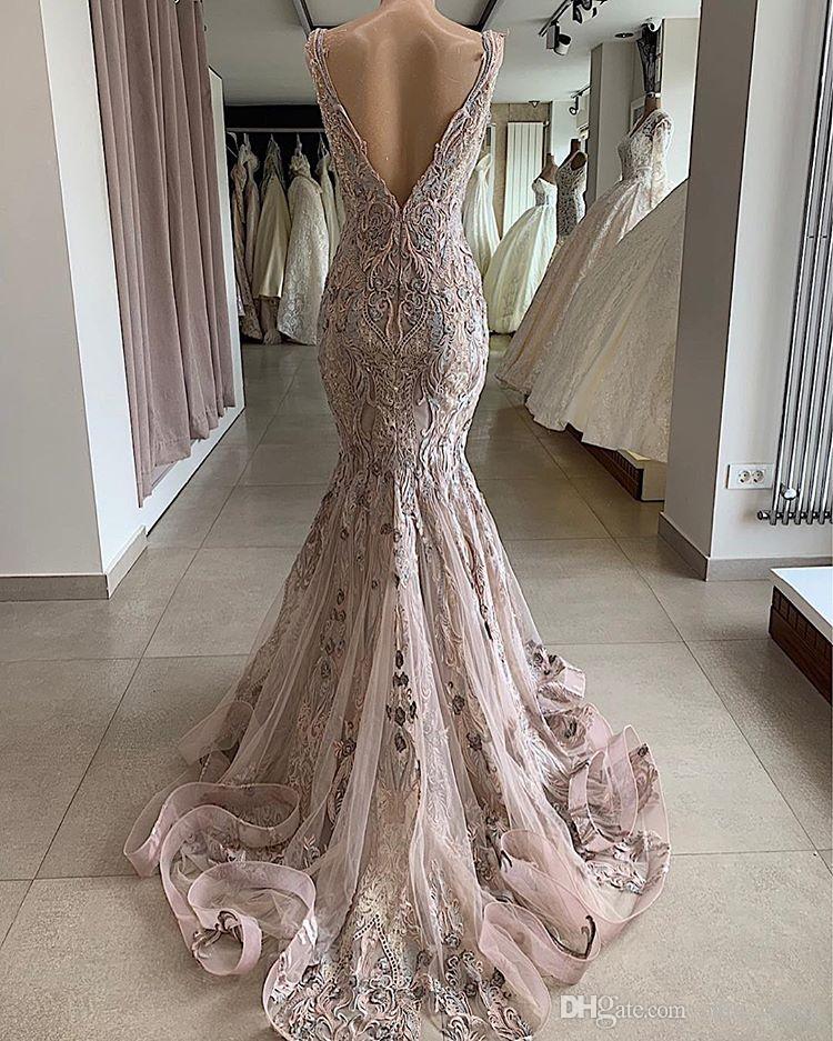 Lace Beaded Sexy African Dubai Evening Dresses Mermaid Backless Prom Dresses Deep V-neck Formal Party Bridesmaid Pageant Gowns cg20072