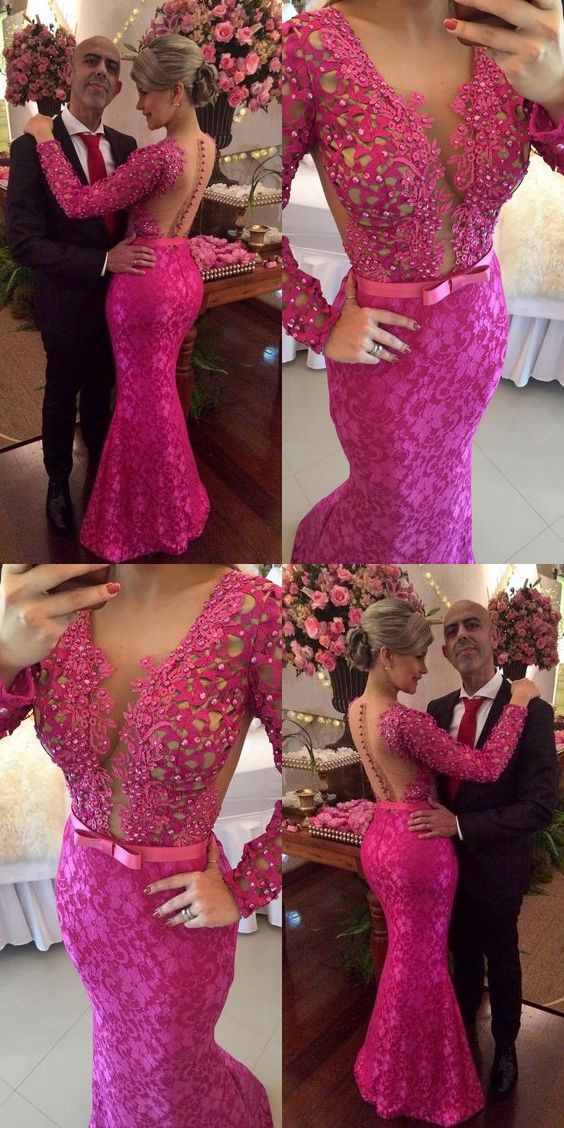 Gorgeous Fuchsia Prom Dress, Beading Appliques Bodice Prom Dress, Sexy V Neckline Evening Dress cg20075