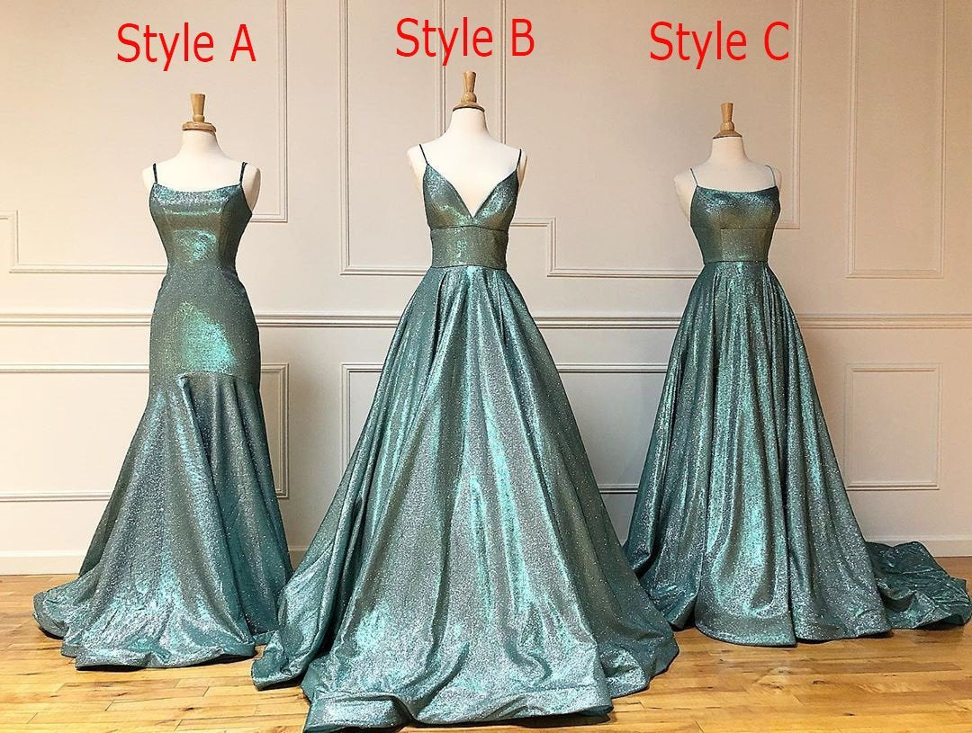 A-line Spaghetti Straps Long Prom Dresses Sparkly Evening Gowns cg20077