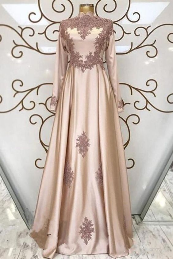 Champagne Satin High Neck Arabic Long Formal Prom Dress With Long Sleeve cg20114
