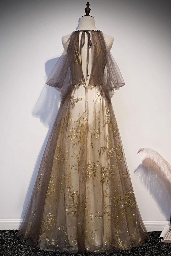 Unique Gold Flower Lace Long Tulle Prom Dress Gray Tulle Formal Dress cg20115