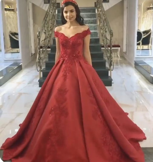 Elegant red ball gown satin wedding dresses lace off the shoulder Prom Dress cg20122