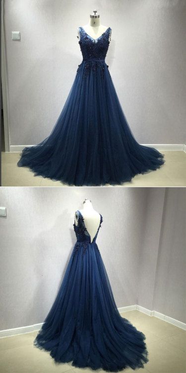 dark blue lace tulle long prom dress, evening dress cg20123