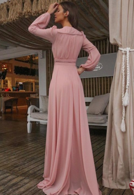 V Neck Long Sleeves Pink Holiday Dress with Appliques, Split Evening Party Dress Prom Dresses cg20129