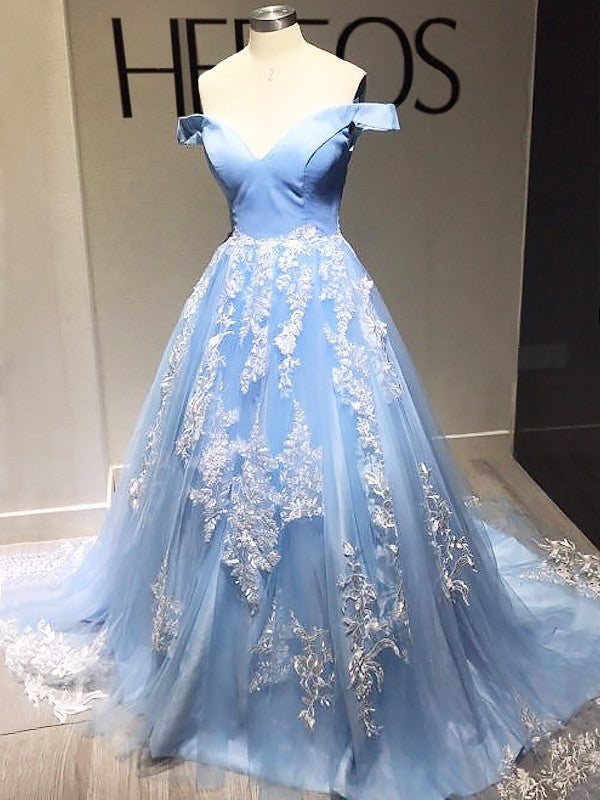 Ball Gown Sleeveless Off-the-Shoulder Applique Tulle Sweep/Brush Train Dresses Prom Dress cg20133