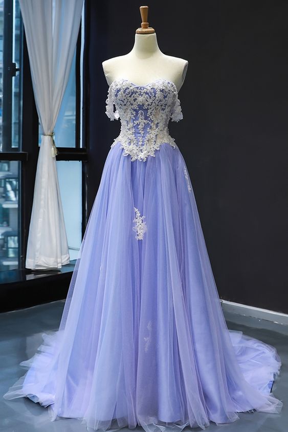 off the shoulder lavender tulle and white lace appliques prom dress cg20134