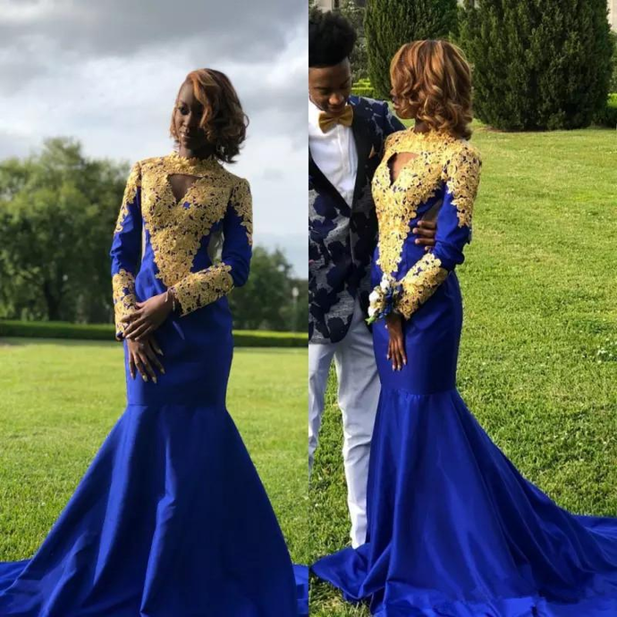 Sexy African Mermaid Prom Dresses Royal Blue with Gold Appliques cg20165