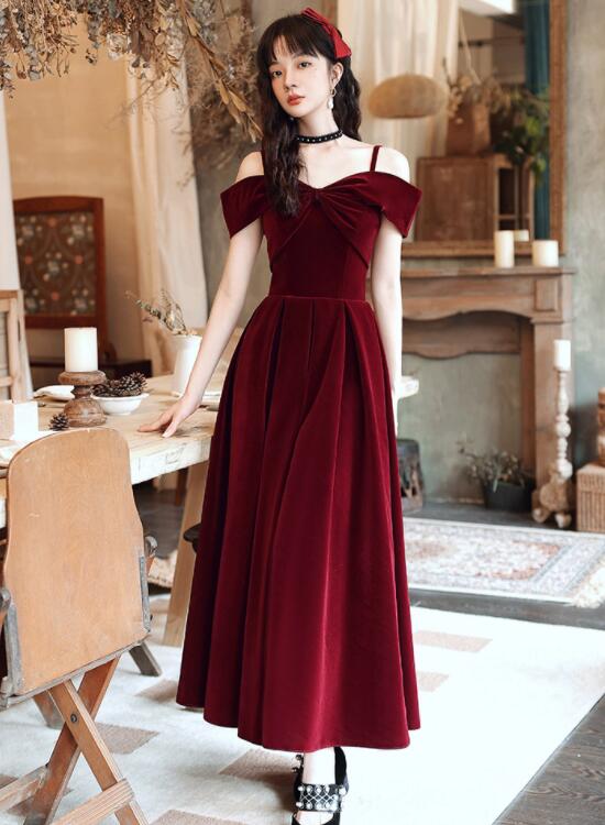 Wine Red Velvet Off Shoulder Long Evening Dress, Dark Red Party Dress Formal Dress Prom Dress cg20185