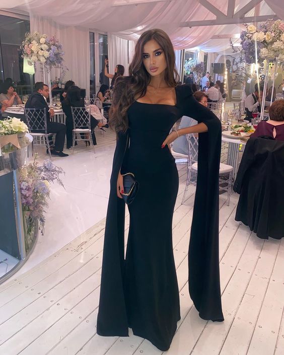 Black Simple Mermaid Floor Length Prom Dress With Long Sleeves cg20197