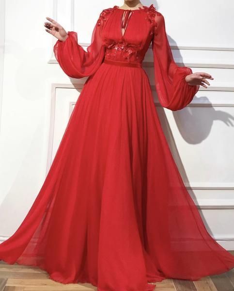 A-line dress with long sleeves and waist prom gown cg20202