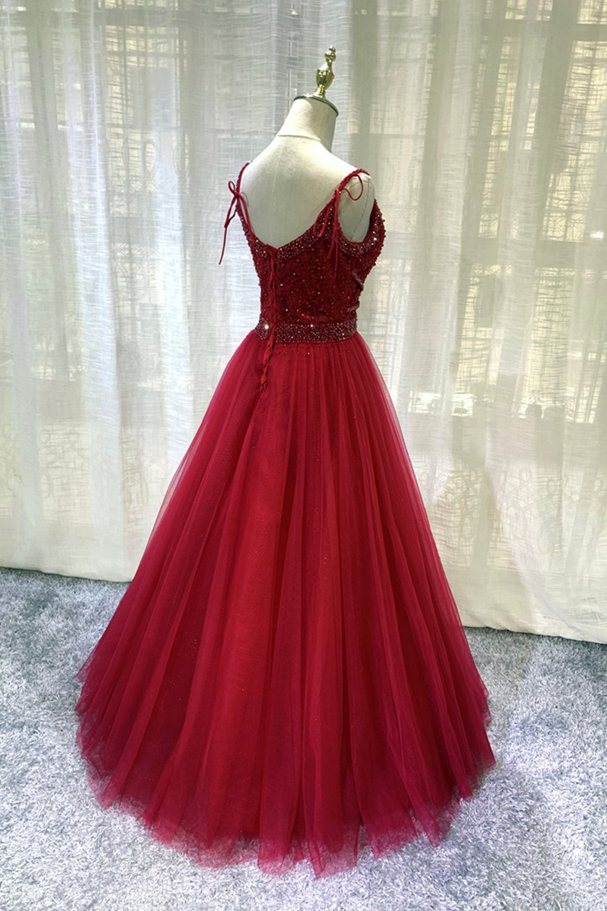 BURGUNDY TULLE BEADS LONG A LINE PROM DRESS EVENING DRESS cg20222