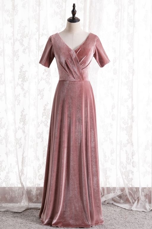short sleeves blush velvet long party dress bridesmaid dresses prom dress cg20230