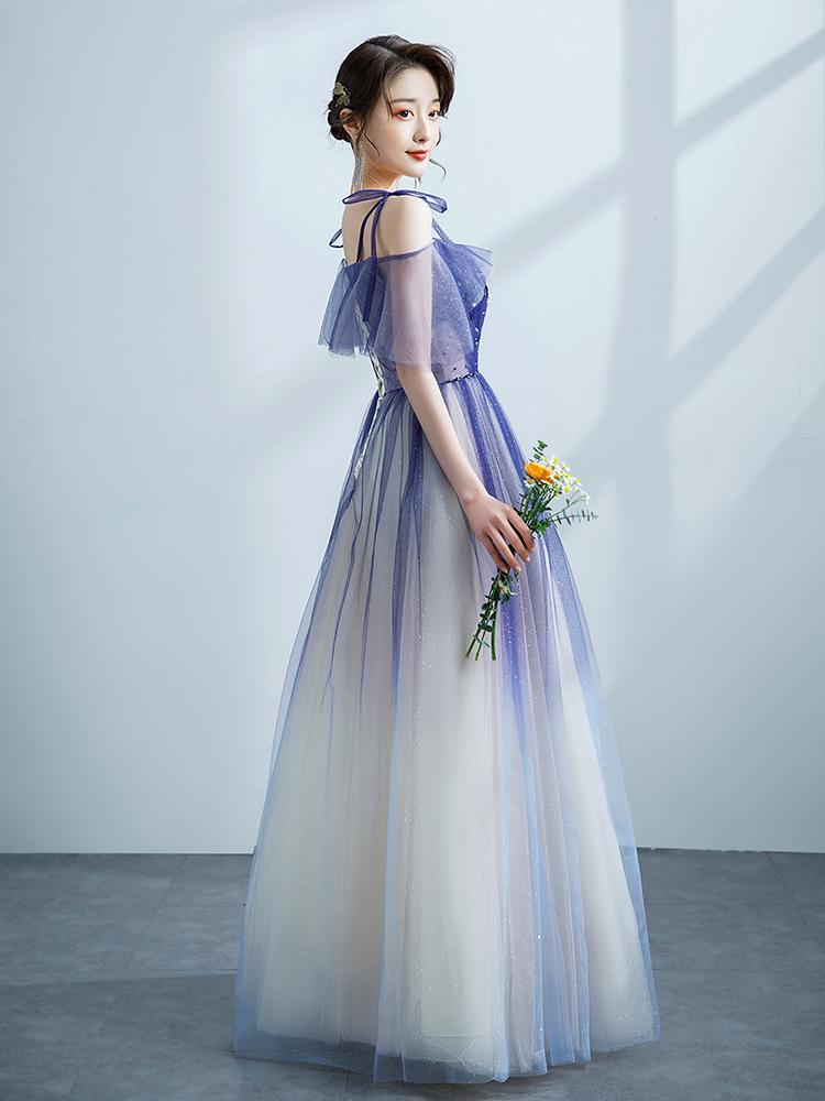 Purple Tulle Gradient Straps Beaded Long Party Dress, New Style A-Line Tulle Prom Dress cg20253