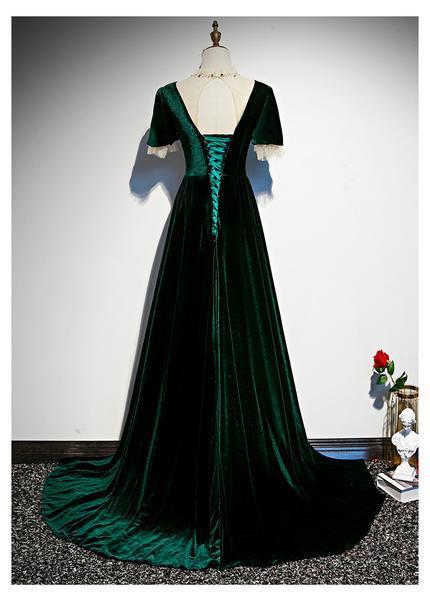 Dark Green Velvet Short Sleeves A-Line Prom Dress cg20259