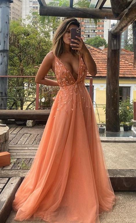 A-line V Neck Orange Prom Dress cg20268