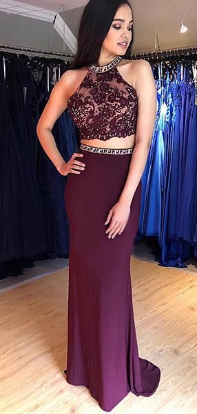 2 Pieces Prom Dresses, Halter Lace Beaded Mermaid Prom Dresses cg20279