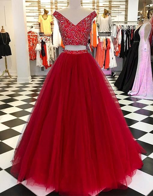 v neck tulle beads long prom dress, burgundy evening dress cg20280