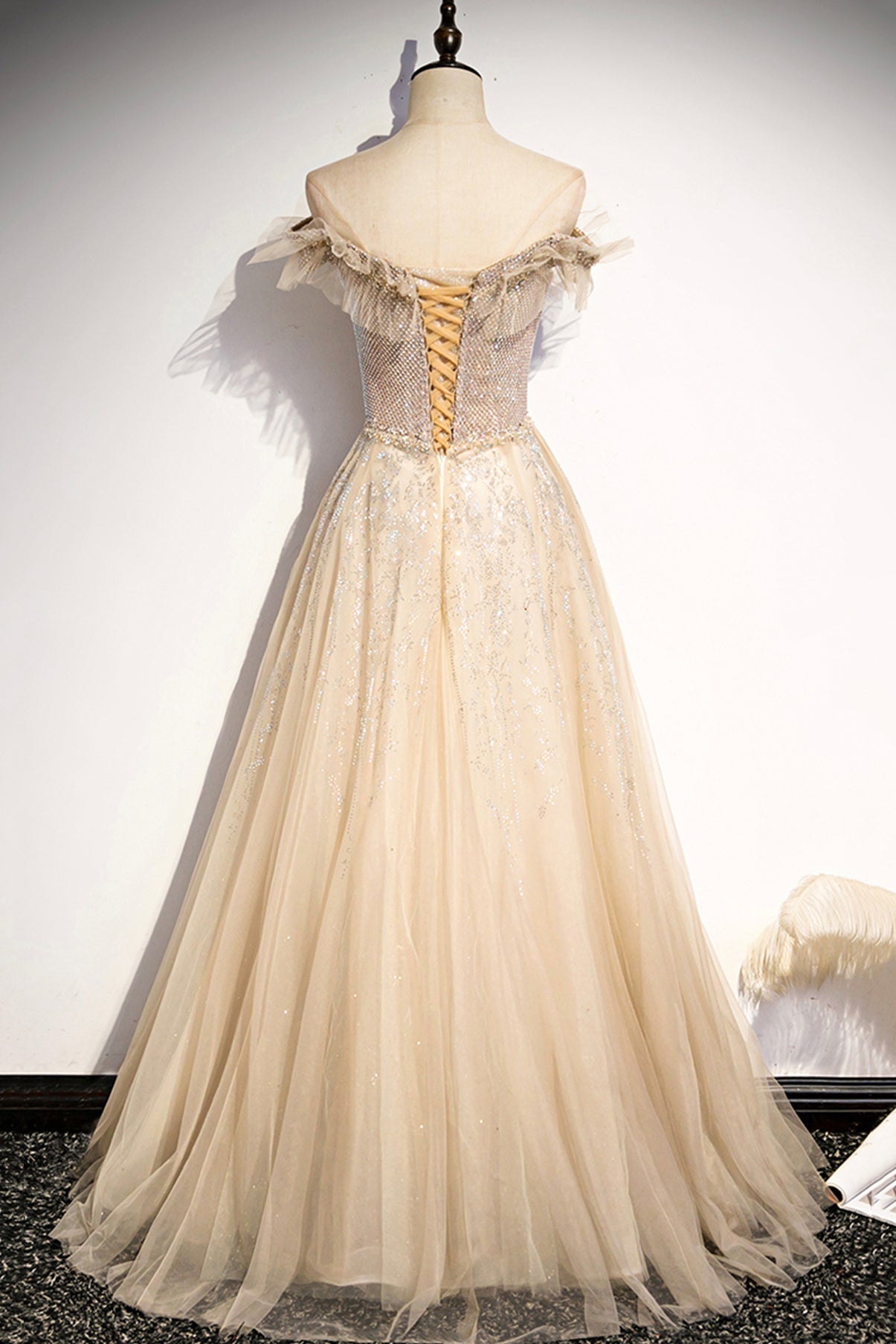 CHAMPAGNE TULLE BEADS LONG PROM DRESS FORMAL DRESS cg20294