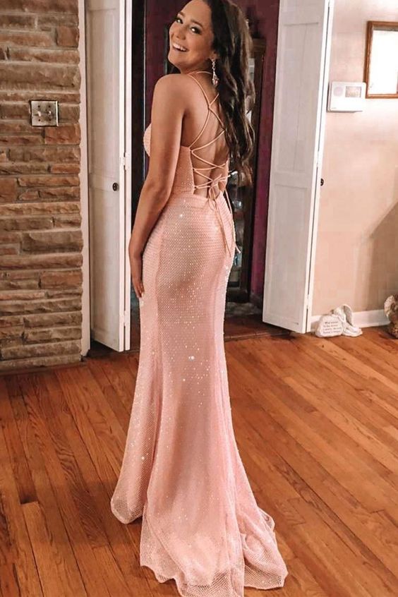 2021 mermaid pink lace up long prom dress formal dress cg20296