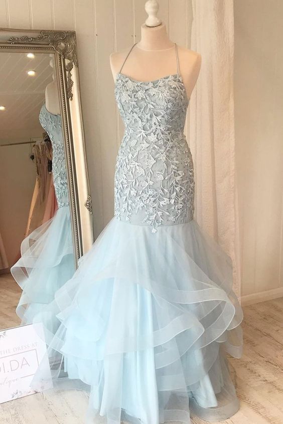 elegant mermaid light blue lace appliqued long formal dress prom dress 2021 cg20297