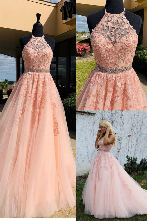 2021 Halter Pink Lace Prom Dress with Appliques, cg20305