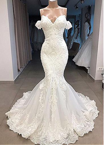 Gorgeous Tulle Off-the-shoulder Neckline Mermaid Wedding Dresses With Beaded Lace Appliques Prom Dress cg20311