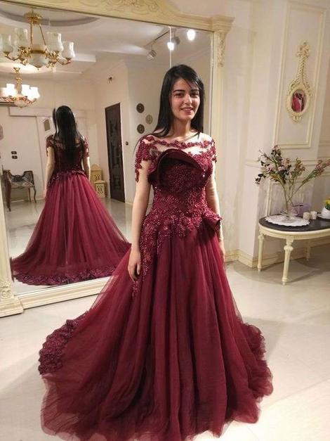 HIGH QUALITY BURGUNDY TULLE PROM DRESSES WITH APPLIQUES BEADED cg20348