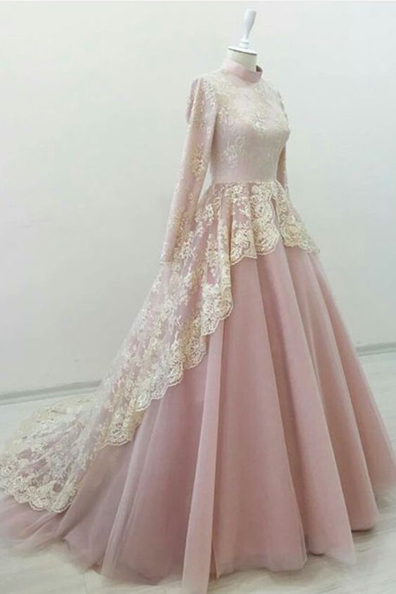 Pink tulle high neck court train evening dress prom gown with long sleeves cg20370