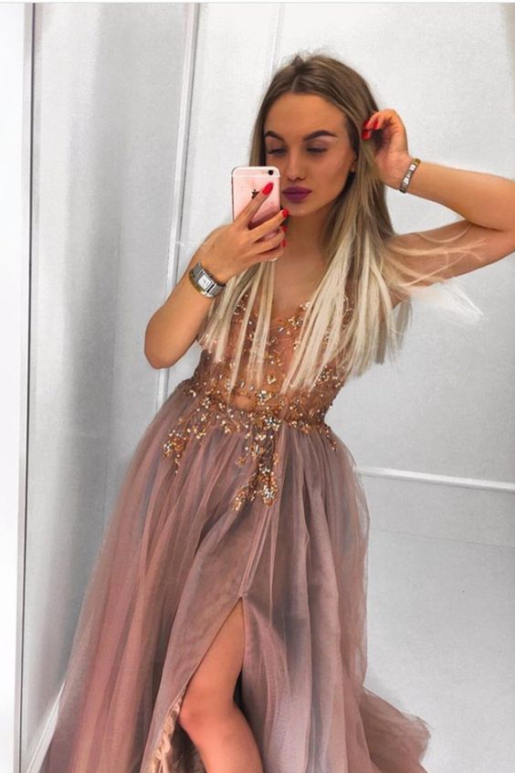 Rose Gold Tulle Crystals Long Prom Dress with Side Slit cg20372