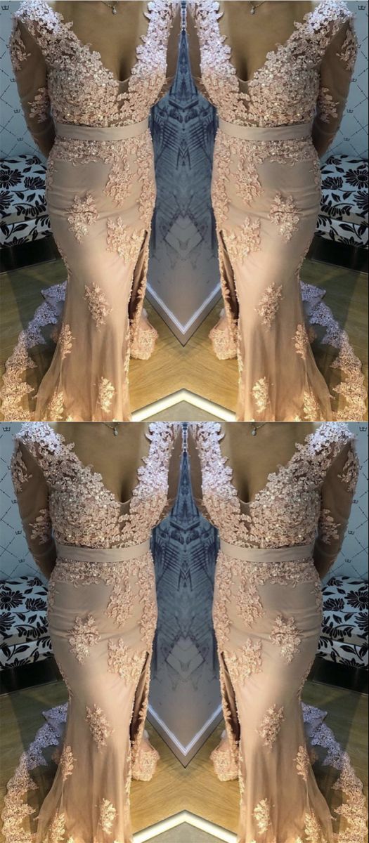 Mermaid V Neck Split Prom Lace Long Sleeves Dresses cg20382