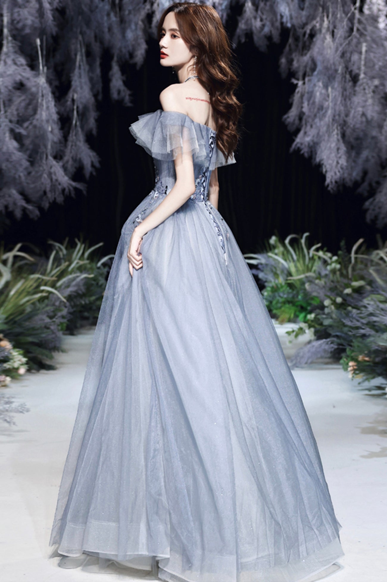 GRAY TULLE LACE LONG A LINE PROM DRESS EVENING DRESS cg20384