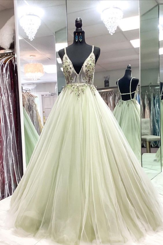 sexy plunge sage green tulle long formal dress party prom dress with open back cg20387