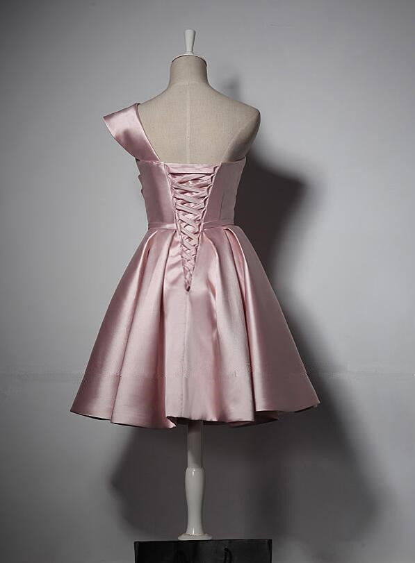 Lovely Simple One Shoulder Pink Bridesmaid Dress, Pink Satin Homecoming Dress cg20404