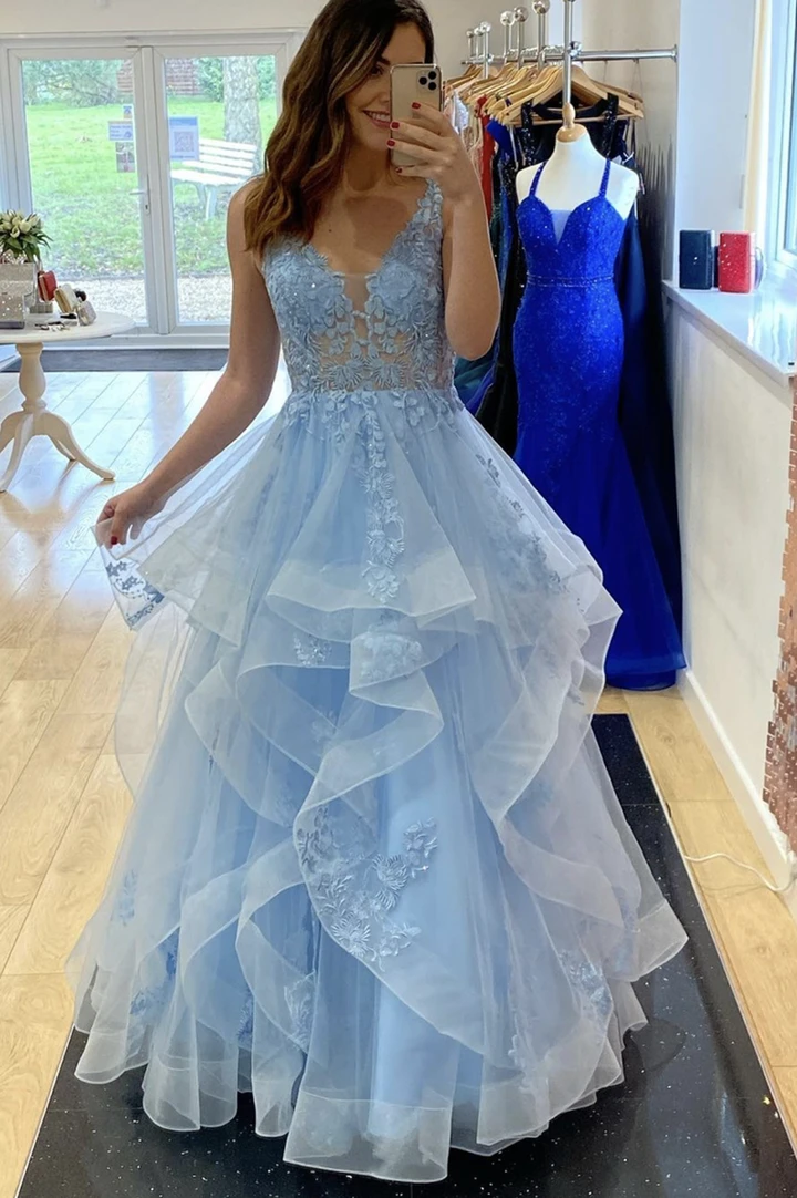 Long Prom Dress Blue v neck lace long ball gown dress blue evening dress cg20435