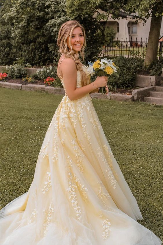 Straps Long Prom Dress with Lace Appliques cg20445