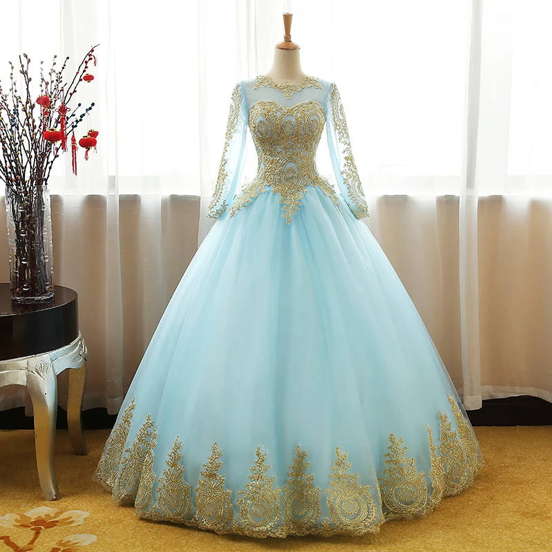 White Chiffon High Low ChicMint Blue Long Sleeves With Gold Lace Long Party Dress, Tulle Round Neckline Sweet 16 Dress Prom Dress cg20452
