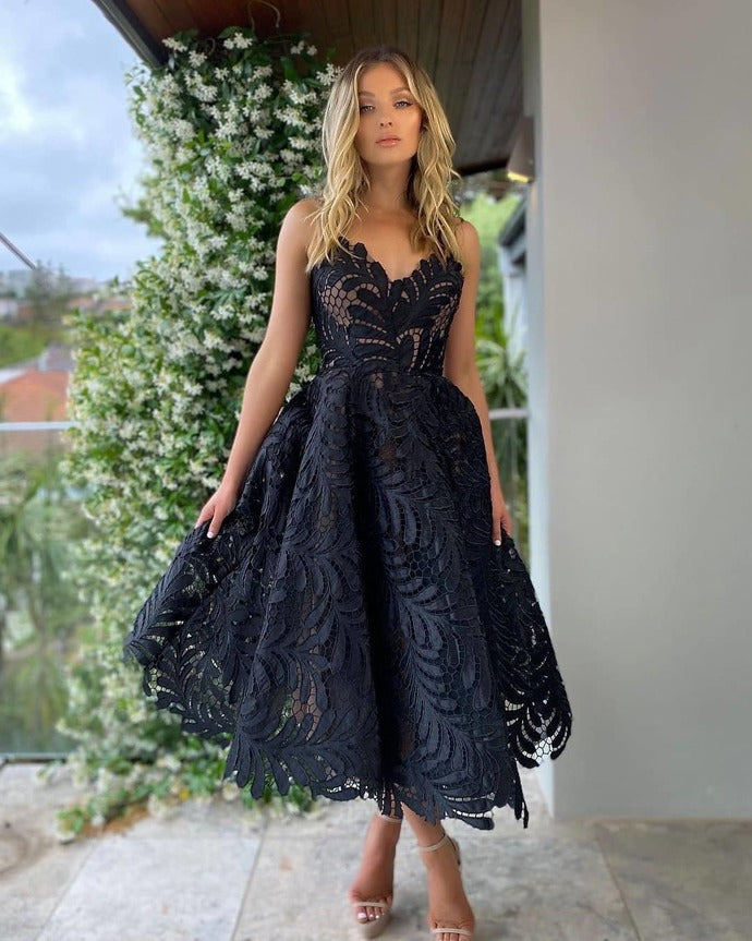 White/ black Lace Tea Length Prom Dress cg20461