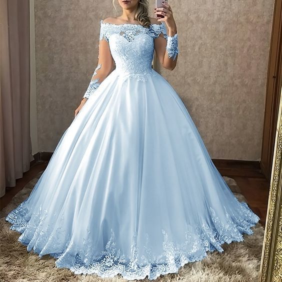 Off the shoulder blue tulle lace prom dress cg20467