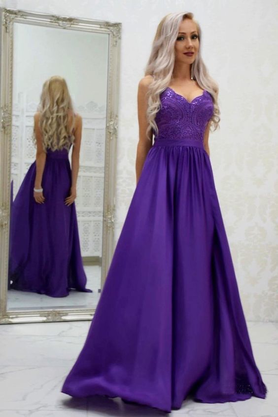 A-line Spaghetti Straps Grape Long Satin Prom Dresses Lace Top cg20474