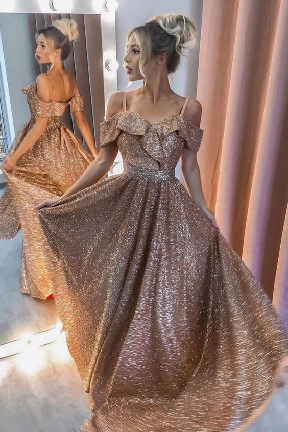 Gold Sparkly Prom Long Dresses 2021 Off The Shoulder Formal Evening Gowns cg20487