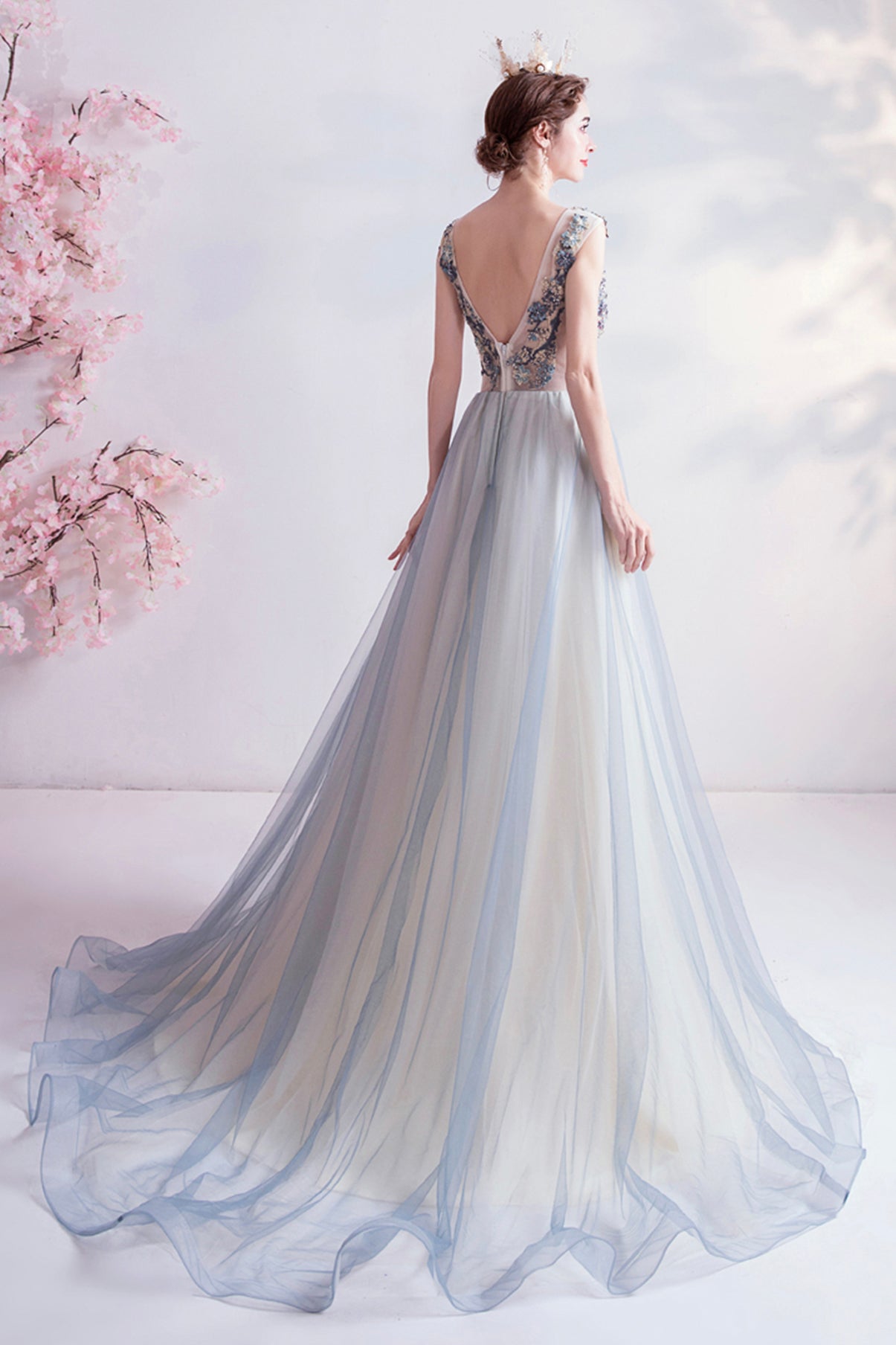 ELEGANT V NECK TULLE LONG A LINE PROM DRESS EVENING DRESS cg20489