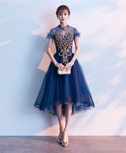 Blue tulle lace short dress, blue lace homecoming dress cg2049