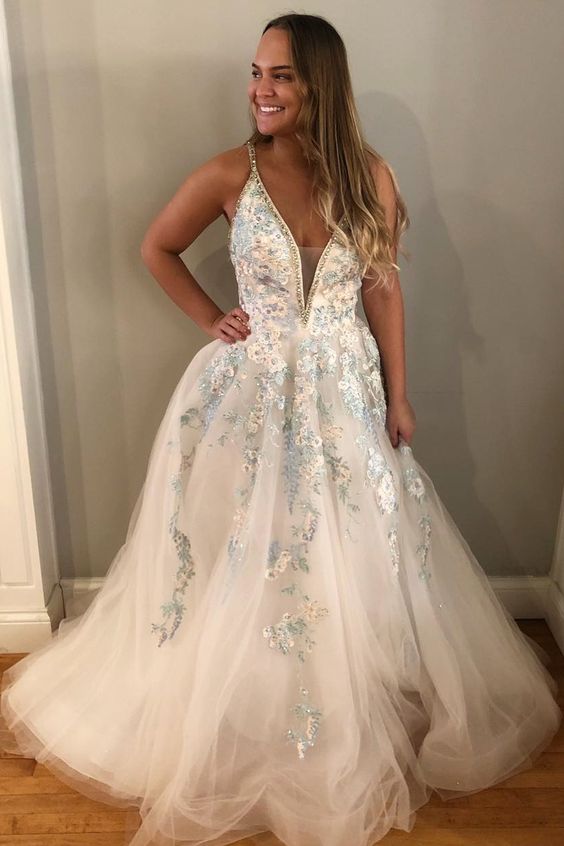 Gorgeous A-line white and light blue floral embroidery long prom dress cg20497