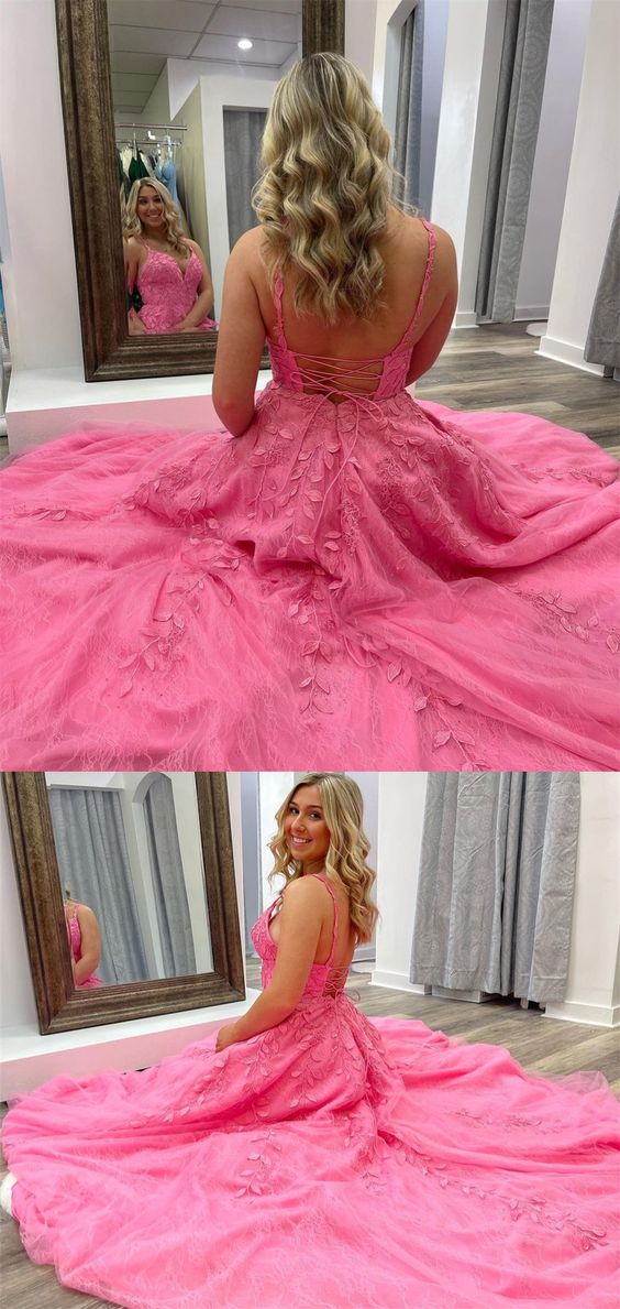 2021 A-line bright pink lace appliqued long prom dress with lace up back cg20499