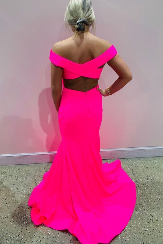 off the shoulder mermaid hot pink long party prom dress with cross back cg20505