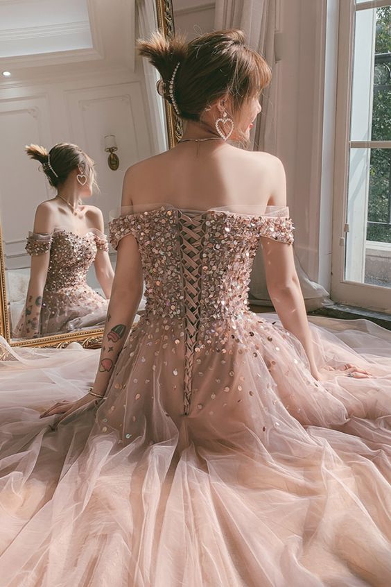 sparkle off the shoulder champagne long prom dress cg20509