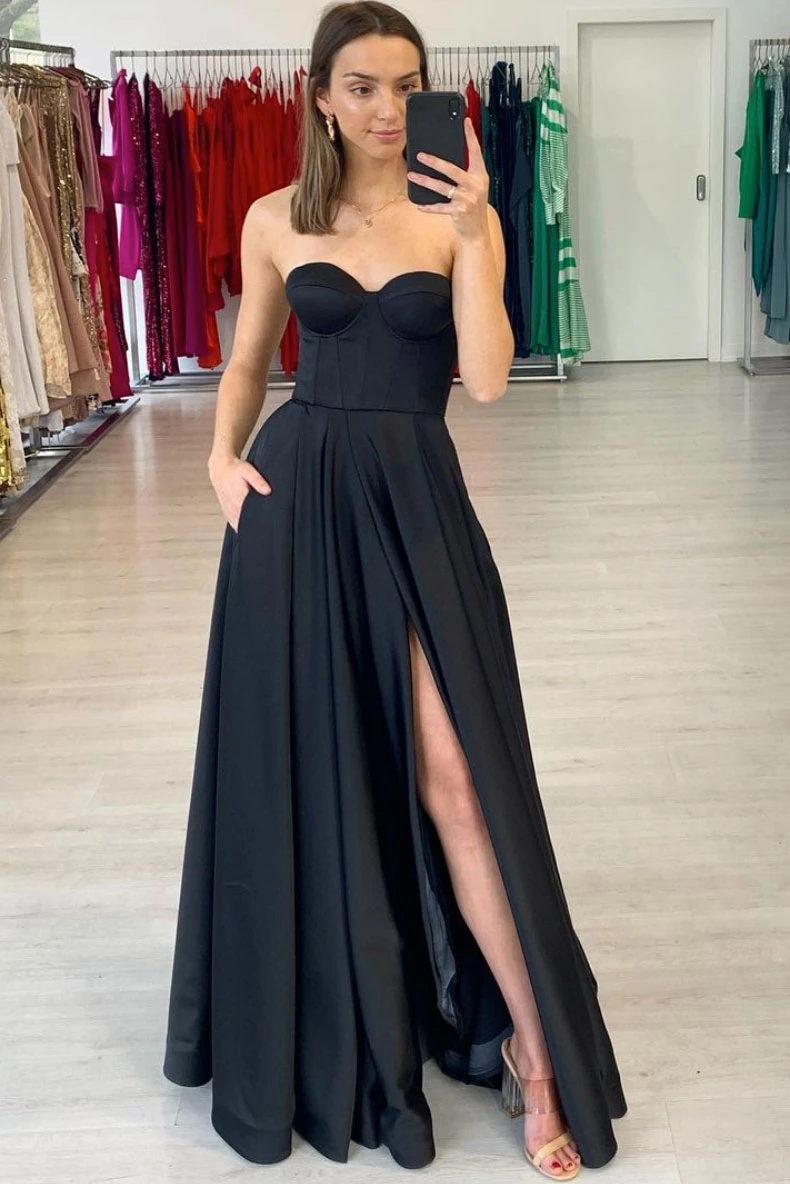 Simple black satin long prom dress black satin evening dress cg20528